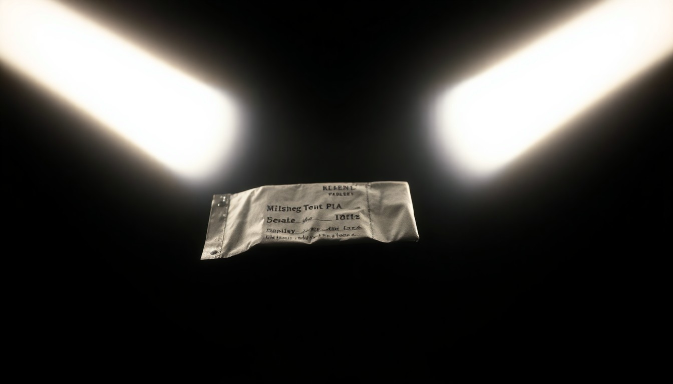 An extreme close-up photograph of a personal item, such as a wallet or keys, lit by a harsh, direct camera flash against a pitch-black background, conceptually representing the investigation into the missing person case.