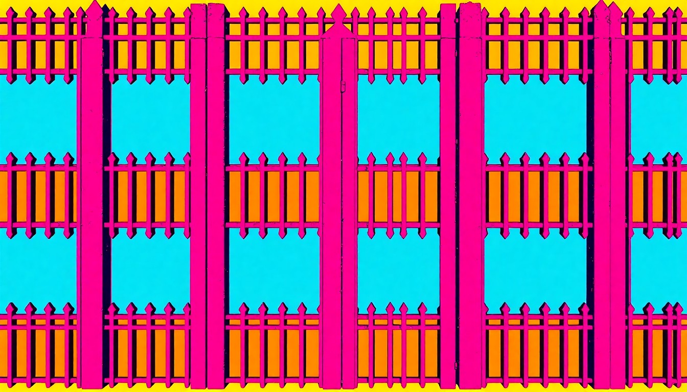 A brightly colored, high-contrast silkscreen print of a decorative aluminum fence panel repeated in a grid, capturing the modern, pop art aesthetic of ornamental metal fencing in the Pacific Northwest.
