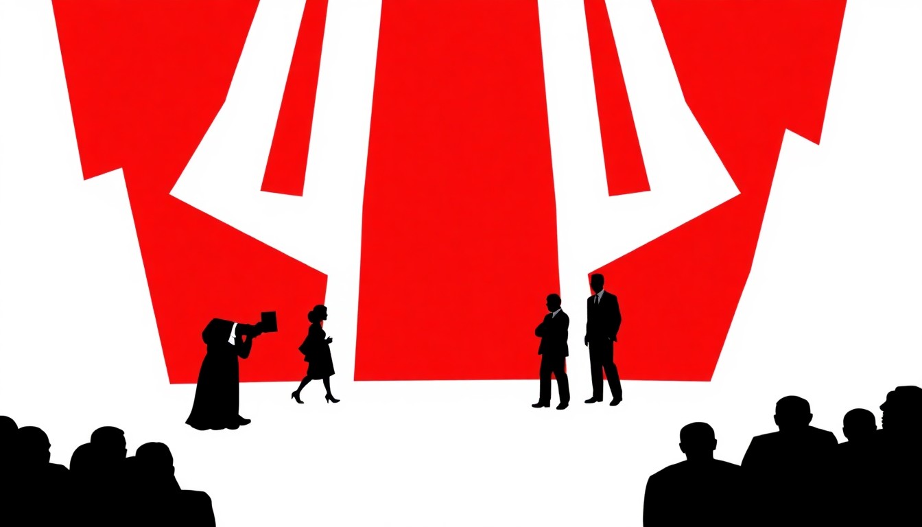 An abstract, minimalist illustration featuring bold, jagged shapes in striking red and white, conceptually representing the energy and excitement of high-profile entertainment events.