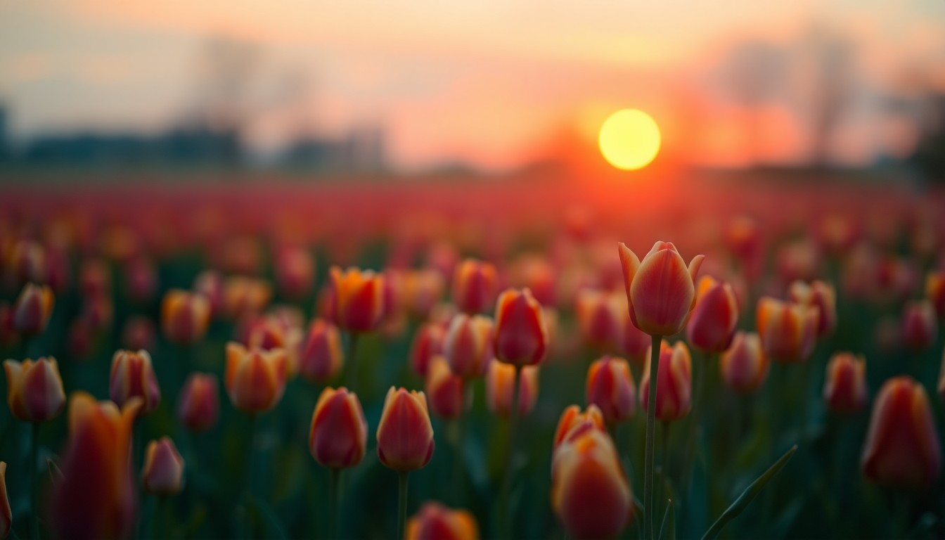 An abstract, impressionistic photograph of a tulip field at dusk, with soft, blurred pools of warm light and color creating a dreamlike, atmospheric scene.