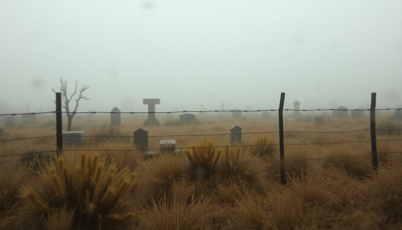An impressionistic, out-of-focus photograph depicting an overgrown, neglected cemetery surrounded by tumbleweeds and a barbed wire fence, conveying a sense of melancholy and the passage of time through its warm, muted colors and soft, blurred edges.