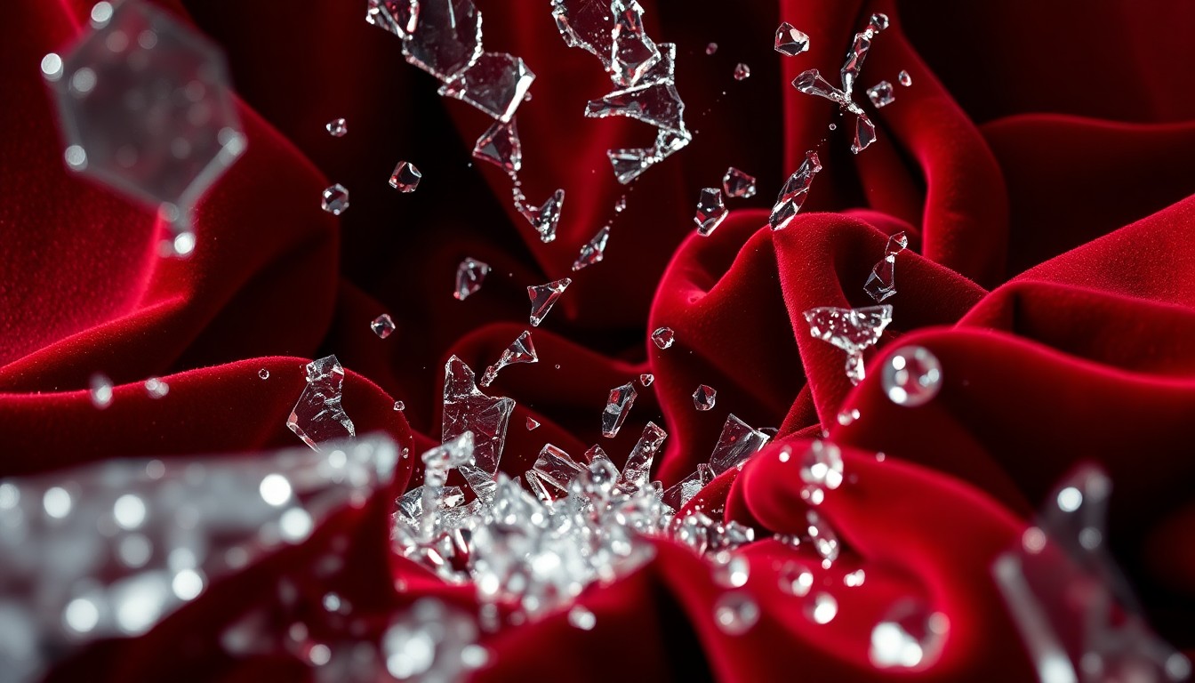 An abstract close-up image of shattered glass and crumpled velvet fabric, conveying the glamour and darkness of the entertainment industry's toxic culture.