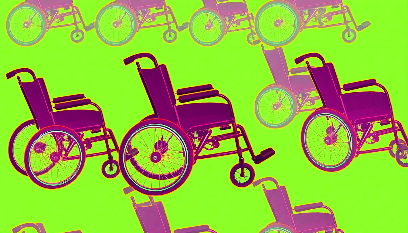 A bold, colorful silkscreen-style illustration featuring a custom-adapted wheelchair repeated in a grid pattern, representing the empowering stories of athletes with disabilities featured in the 'ADAPTED' documentary.