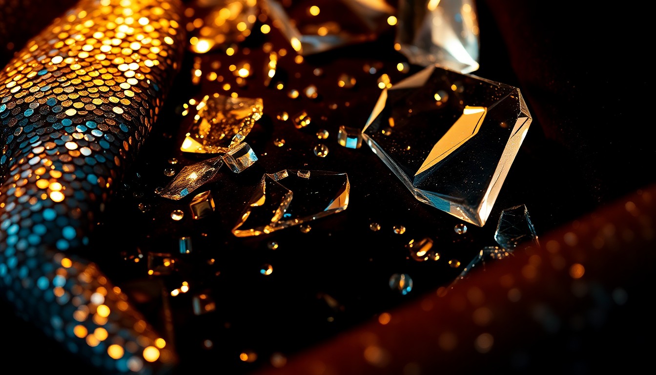 An extreme, abstract close-up photograph featuring a dramatic composition of glittering sequins, shattered glass, and plush velvet textures, conceptually representing the glamour and intensity of the Dexter: Resurrection TV series.