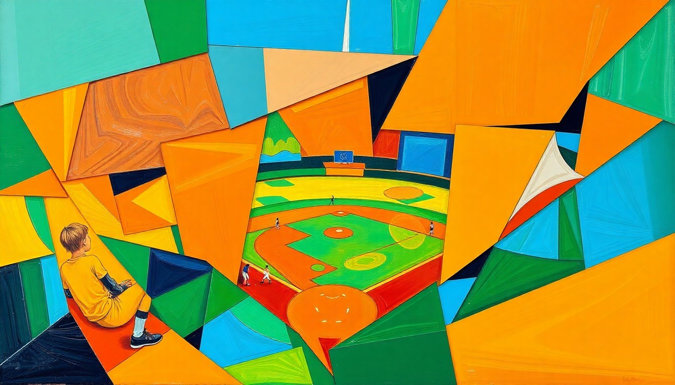 A fragmented, geometric painting depicting a high school softball game, with sharp planes of bright colors representing the dynamic energy and teamwork of the Heritage Academy squad.