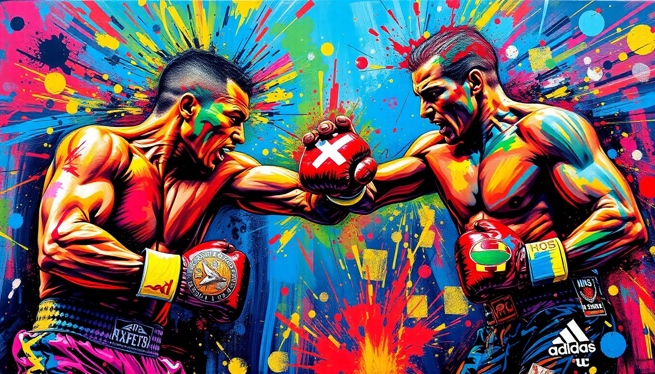 An extreme close-up of two boxers engaged in a fierce match, their faces and bodies rendered in a vibrant, expressionist style with bold brushstrokes and neon colors, capturing the raw energy and intensity of the sport.