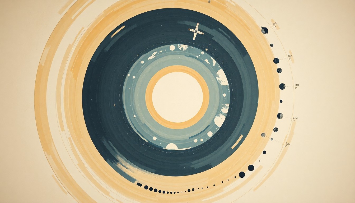 A bold, abstract painting in earthy tones of ochre, sage, and indigo, featuring sweeping geometric arcs, concentric planetary circles, and precise botanical spirals, conceptually representing the journey of the Artemis II mission from Earth to the Moon and back.