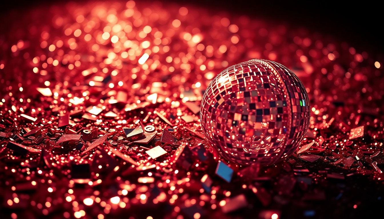An extreme close-up photograph of glittering sequins and shattered glass in high-contrast studio lighting, conceptually representing the glamour and spectacle of a Broadway musical production.