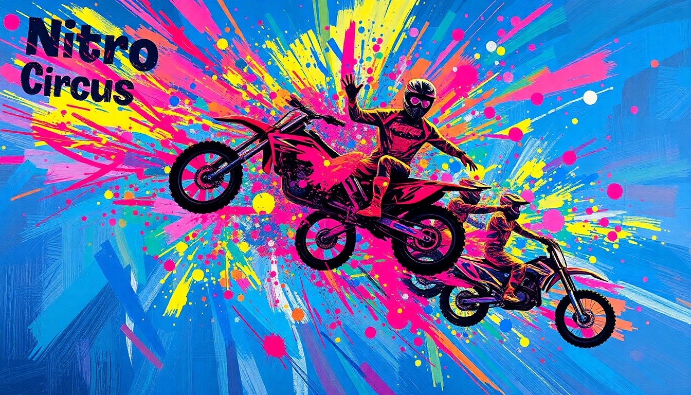 An abstract, expressionist painting in vibrant neon colors depicting Nitro Circus performers mid-stunt, their bodies and movements captured in a blur of energetic brushstrokes.