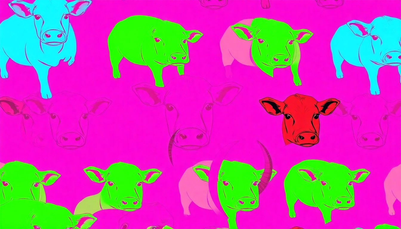 A bold, colorful silkscreen-style illustration featuring a repeated image of a farm animal, such as a cow or chicken, in vibrant neon hues and heavy black outlines, conceptually representing the hands-on agricultural education provided to young students.