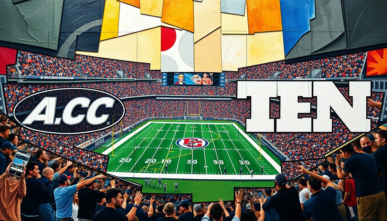 A cubist, geometric painting depicting a fragmented college football championship game, with the ACC and Big Ten logos appearing as abstract shapes in a multi-perspective composition.