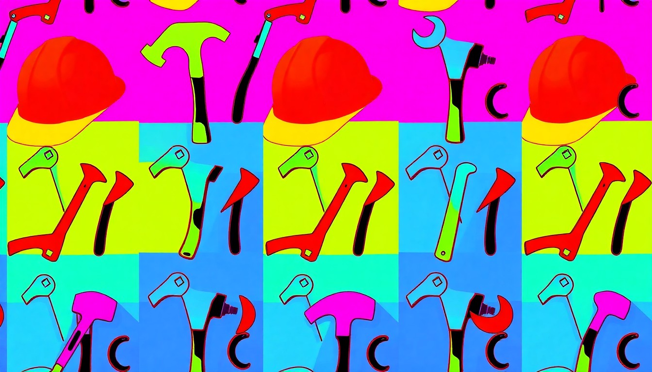 A brightly colored, high-contrast silkscreen print of a single, iconic construction tool such as a hammer, repeated in a tight grid pattern, capturing the urgency and energy of the construction industry's efforts to rebuild Los Angeles.