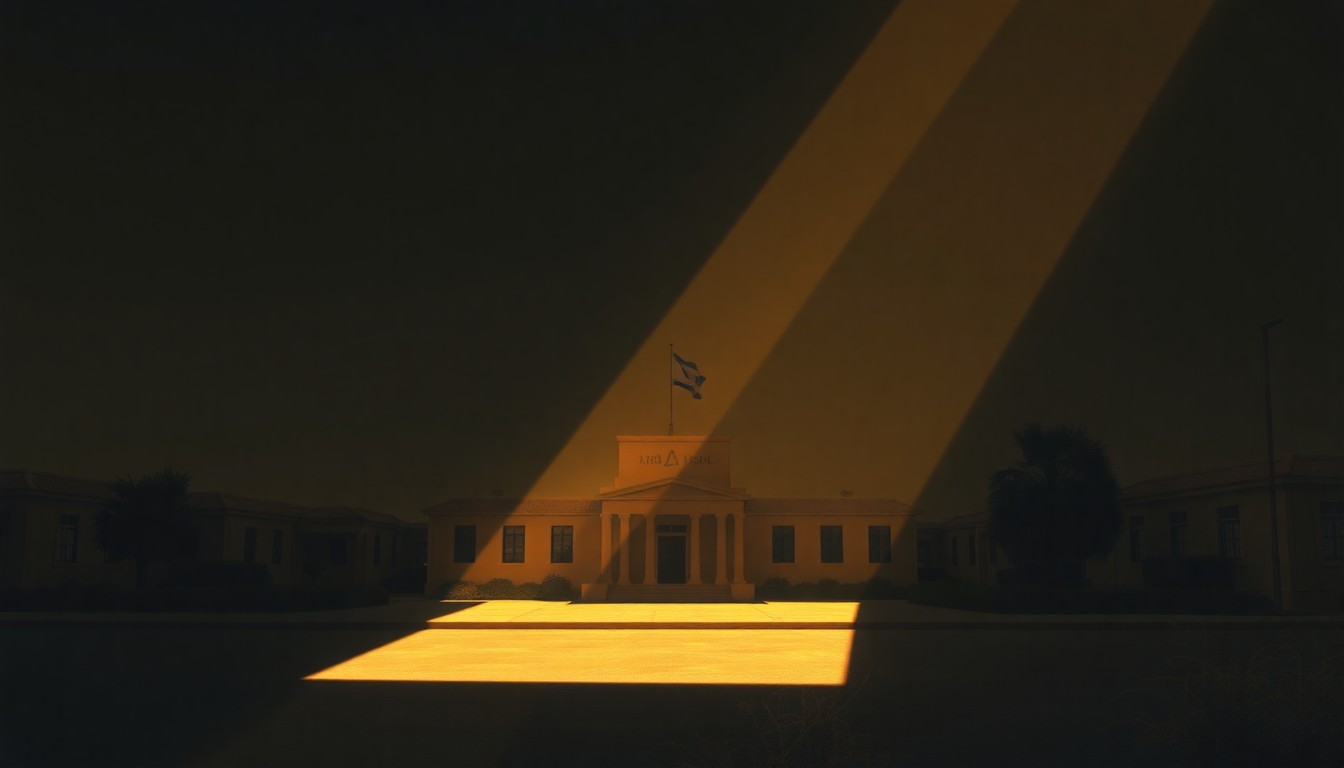 A serene, cinematic painting depicting an Israeli government building or political symbol shrouded in warm, dramatic lighting and deep shadows, conveying a sense of unease and uncertainty about the future of the country's democratic institutions.