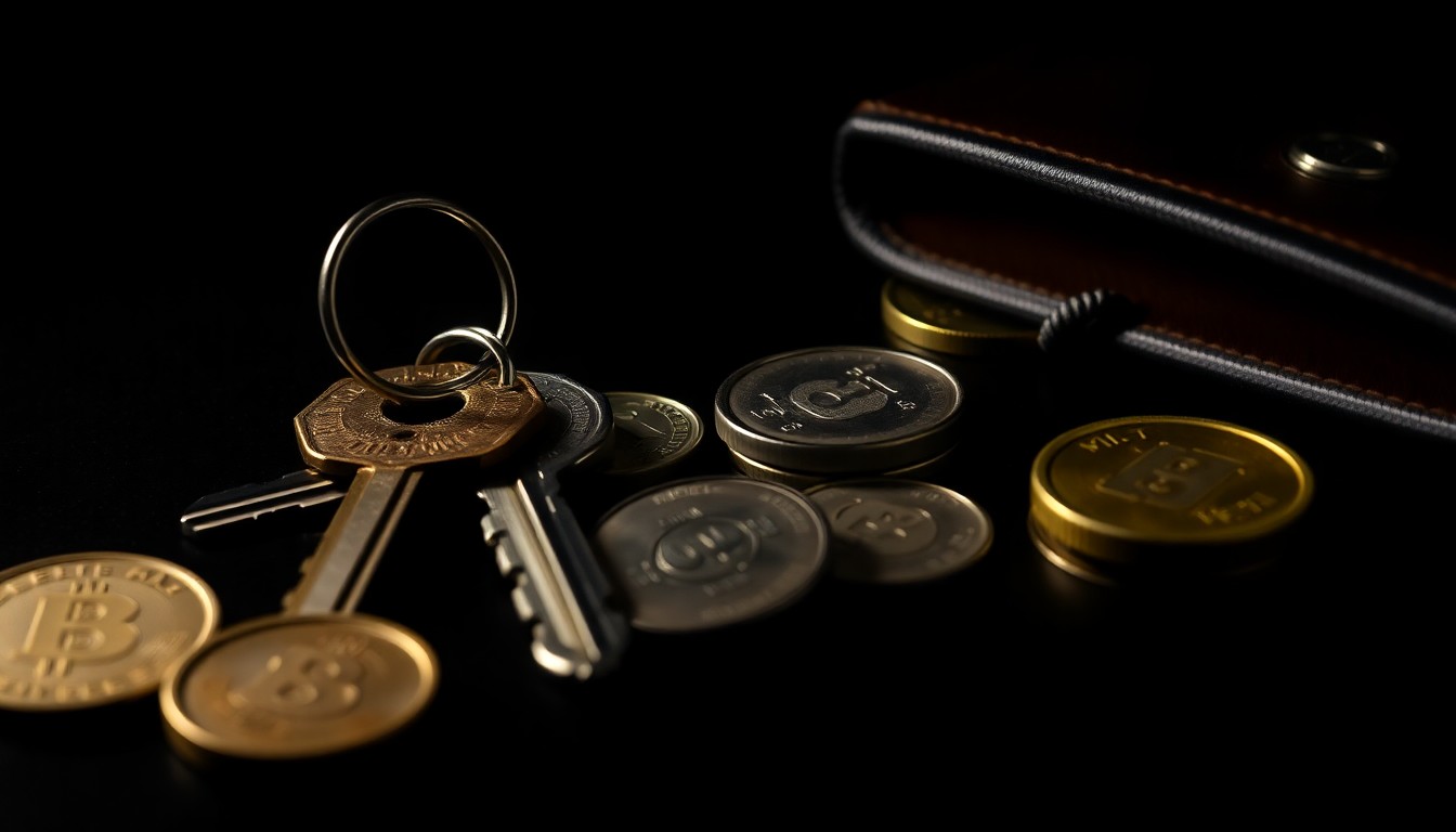 An extreme close-up photograph of a set of keys, coins, and a wallet on a pitch-black background, dramatically lit by a harsh camera flash, conceptually illustrating the violation of trust and safety in a community setting.