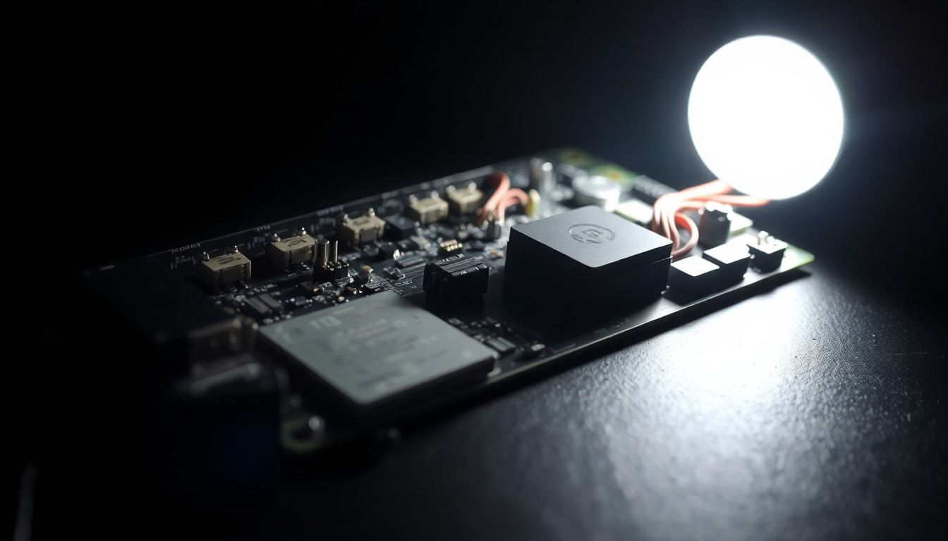 An extreme close-up photograph of a damaged computer circuit board with exposed wires and charred components, creating a stark, gritty, investigative aesthetic.