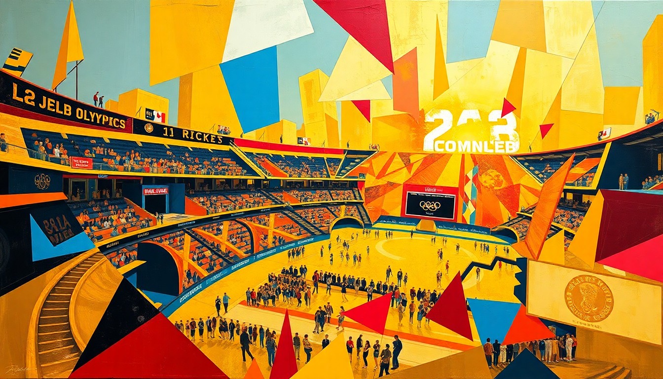 A cubist, geometric painting depicting the energy and excitement of the LA28 Olympics ticket sales, with overlapping planes of gold, red, and blue shapes representing the high demand and diverse pricing options.