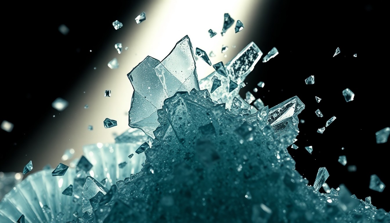 An abstract close-up image of shattered glass reflecting dramatic studio lighting, conveying the intense emotions and high-stakes conflicts at the heart of the Yellowstone franchise.
