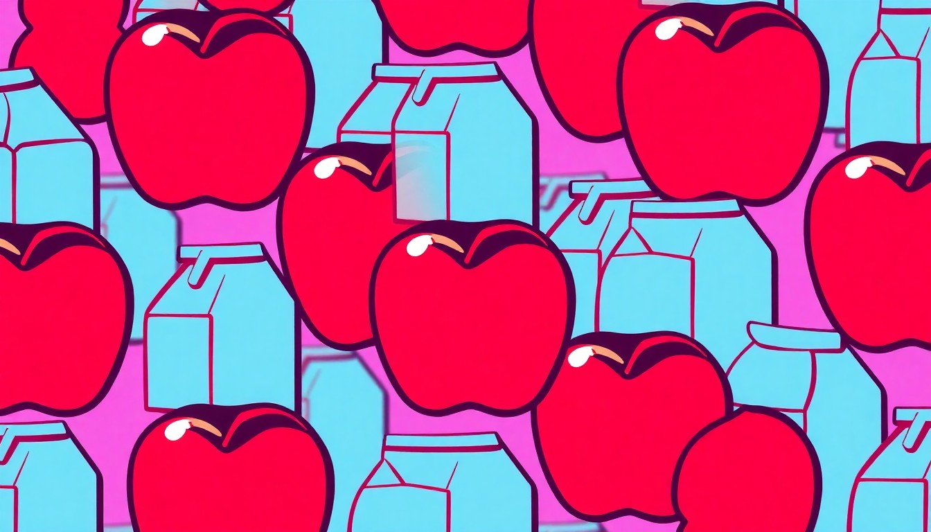A high-contrast, brightly colored silkscreen print of a school lunch item like an apple or milk carton repeated in a grid pattern, capturing the celebratory mood of a community coming together to support its educators.