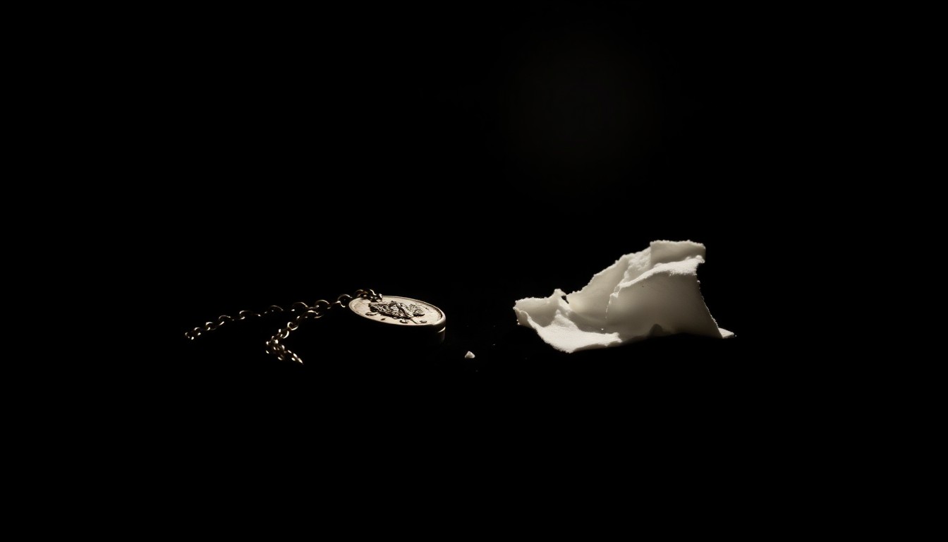 An extreme close-up photograph of a single piece of crime scene evidence, such as a broken necklace or a torn piece of clothing, lit by a harsh, direct camera flash against a pitch-black background, creating a stark, gritty, investigative aesthetic.