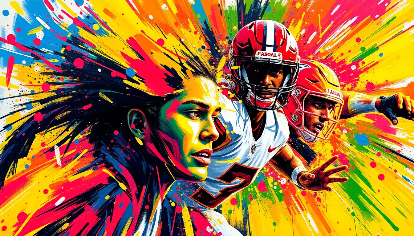 An abstract, energetic painting featuring bold brushstrokes in neon colors that capture the raw athleticism and competitive spirit of high school sports.