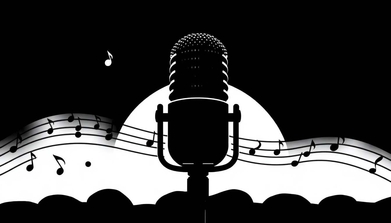 A stark, minimalist black and white illustration featuring a silhouetted microphone and musical notes, conceptually representing the soulful music and powerful stage presence of R&B artist Avery*Sunshine.