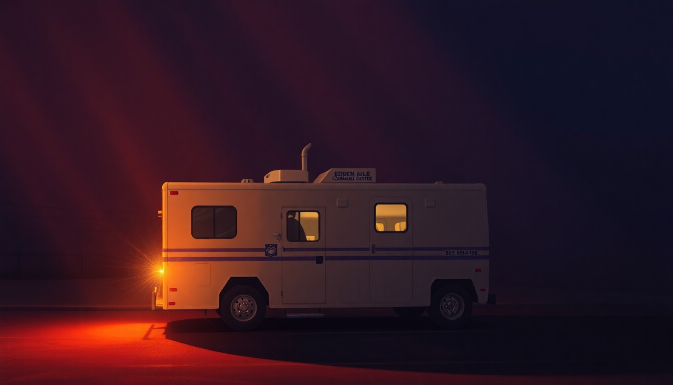 A photorealistic painting of a large, boxy emergency vehicle parked on a city street, with the side panel doors open to reveal the interior workspace. The vehicle is bathed in warm, golden sunlight, casting deep shadows across the scene, creating a cinematic, nostalgic mood.