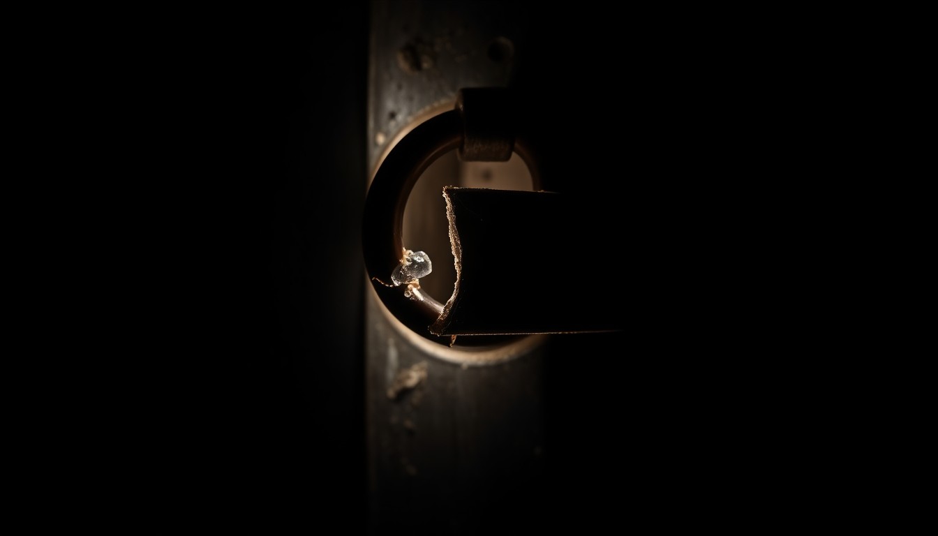 An extreme close-up of a damaged prison cell door handle, the harsh flash lighting creating a stark, gritty aesthetic that conceptually represents the investigation into a recent prison escape.
