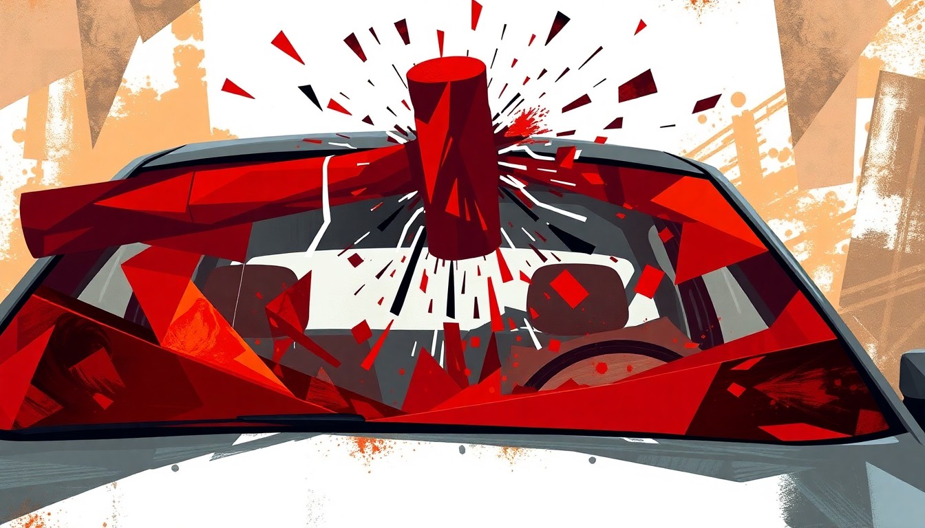 A fractured, abstract painting in shades of red, orange, and black depicting the violent motion of a hammer striking a car windshield, conveying the brutality of the attack without showing any specific people or locations.