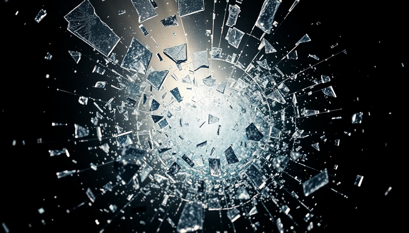 An abstract close-up image of shattered glass and metal fragments, captured in dramatic high-contrast lighting, conveying the intense technological conflict at the heart of the Supergirl story.
