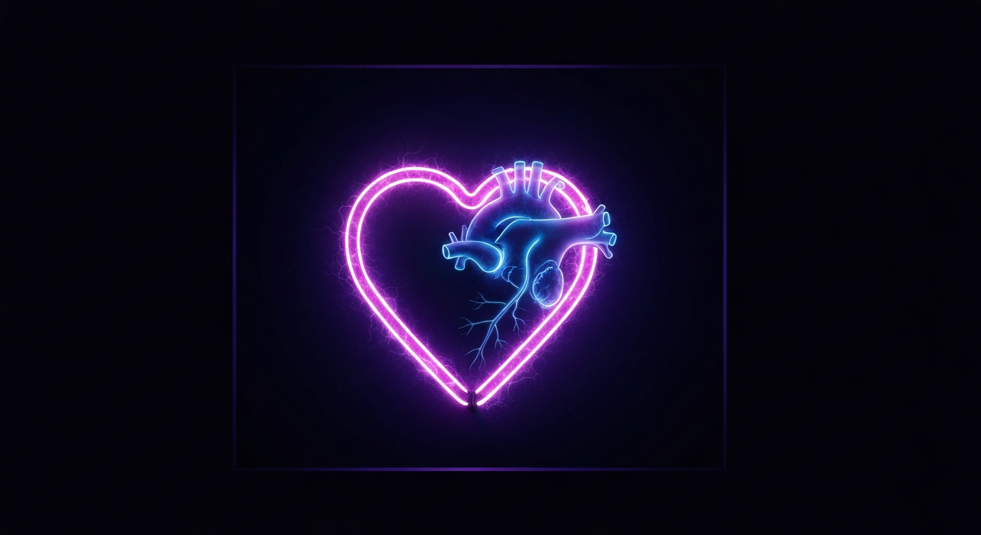 A vibrant neon outline of a human heart, glowing with energy against a dark backdrop, conceptually representing the mission of the Huntington Heart Walk to fight heart disease and stroke.