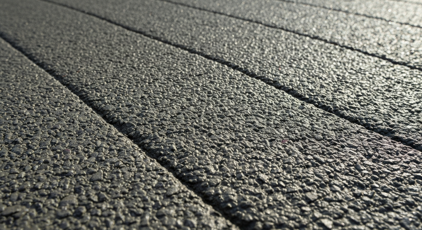 An extreme close-up of the rough, textured surface of freshly poured concrete, conveying the raw materials and tactile nature of road construction.