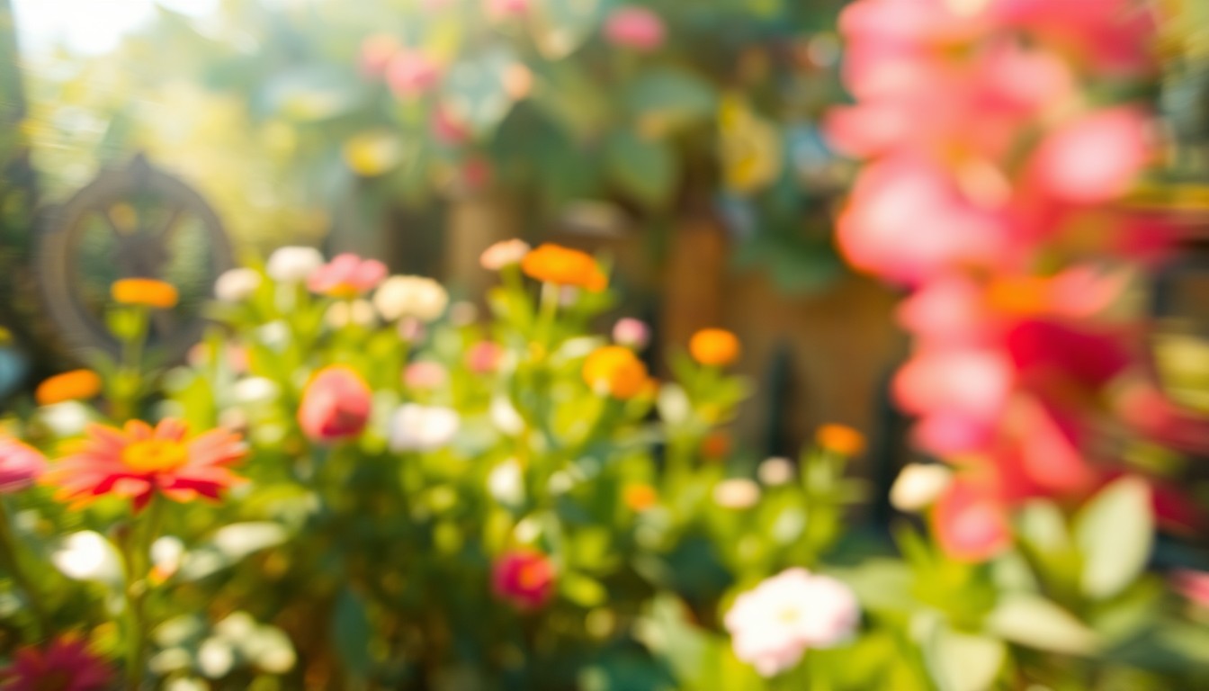 An abstract, out-of-focus photograph of a lush, colorful garden scene with blurred flowers, greenery, and soft, warm light filtering through, conveying the tranquil mood and natural beauty that Marlene Donaghe Kime found solace in during her retirement.
