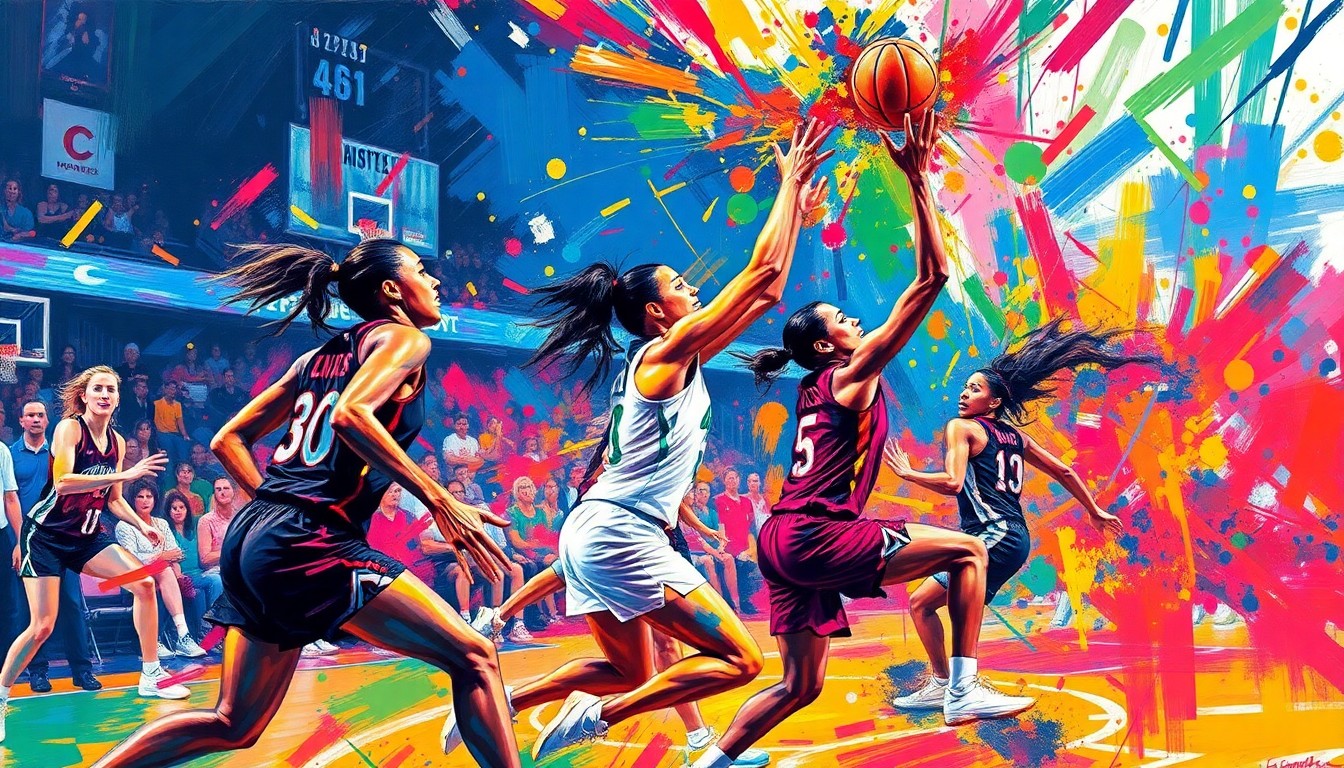 An abstract, energetic painting in neon colors depicting the dynamic movement and energy of a women's basketball game, with players' forms blending into the vibrant brushstrokes.