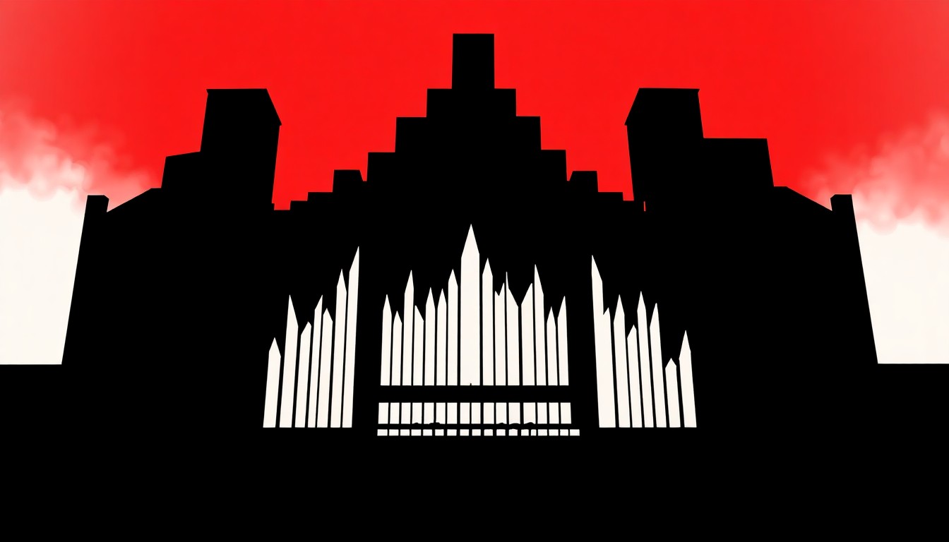 An abstract, minimalist illustration featuring sharp, angular black silhouettes representing the powerful, resonant pipes of a pipe organ, set against a high-contrast background of deep red and stark white, conveying the energy and grandeur of the upcoming concert.