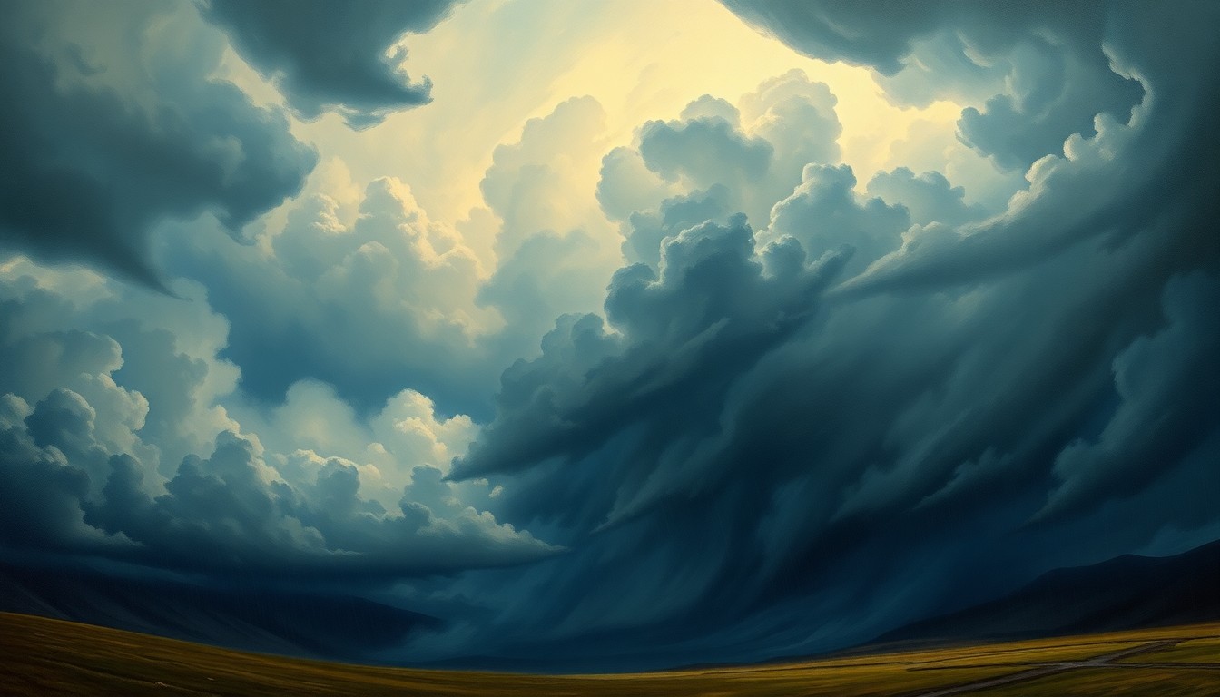 A sweeping, atmospheric landscape painting in muted tones of gray, blue, and green, with a dramatic, stormy sky dominating the scene and obscuring the horizon, conveying the overwhelming scale and power of the natural forces at play.