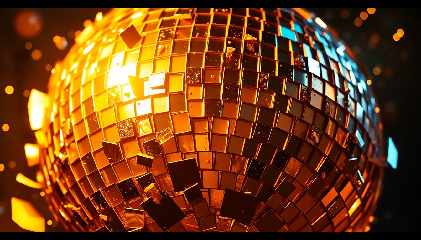 An abstract, high-contrast close-up photograph of shattered glass shards reflecting warm, golden light, evoking a sense of nostalgic glamour and the imperfect beauty of a bygone musical era.