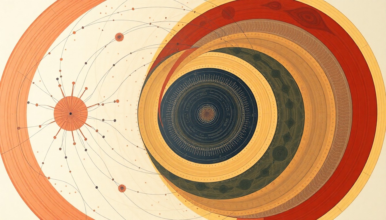 A highly structured abstract painting in soft, flat colors depicting sweeping geometric arcs, concentric circles, and precise botanical spirals, conceptually representing the complex interplay of neural signals and digital avatar movements, conveying the structural order of the human mind and its ability to transcend physical limitations.