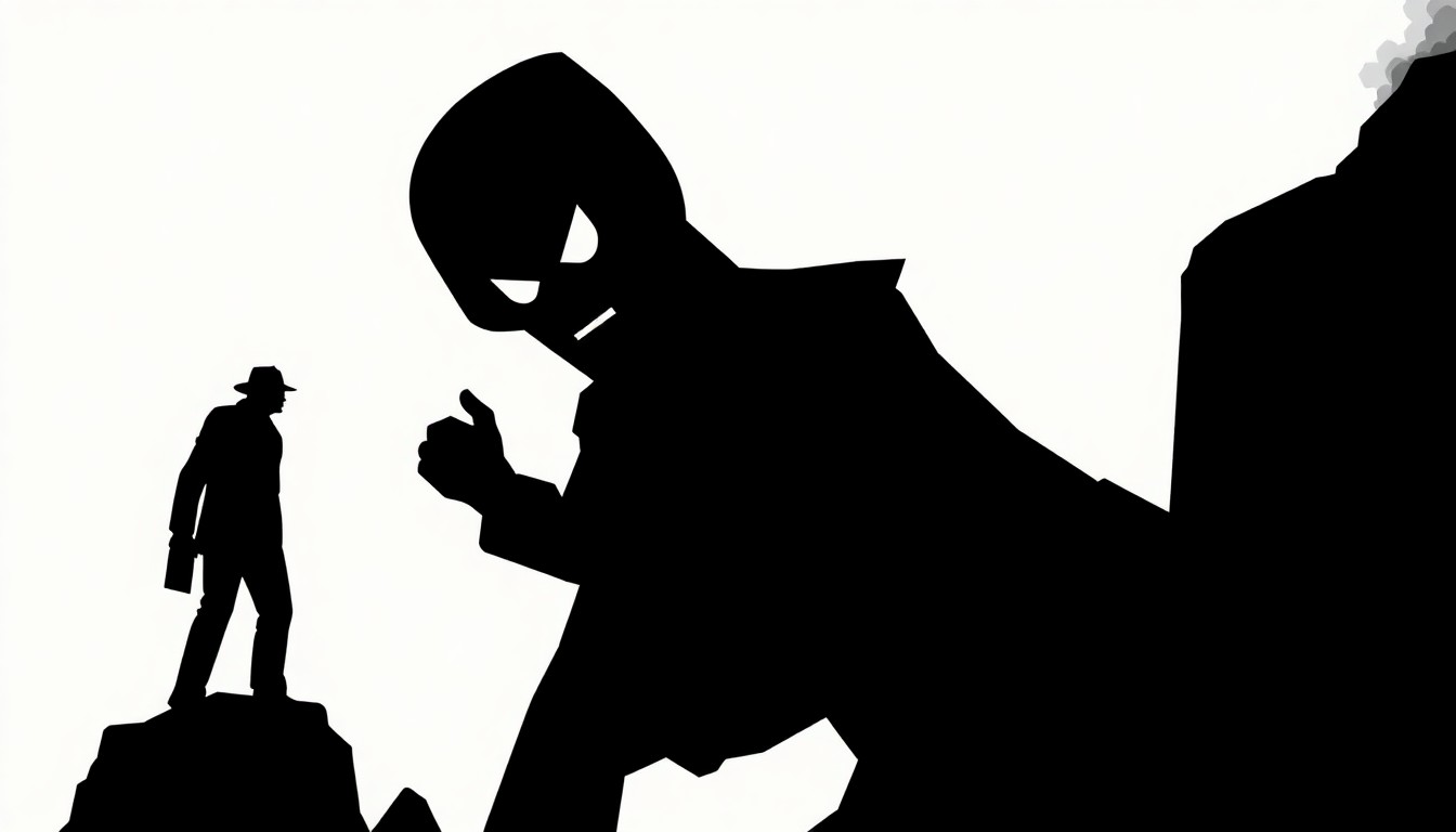 A striking black silhouette of the Marvel villain Tombstone, rendered in a bold, minimalist style with jagged, geometric shapes, conceptually representing the character's debut in a live-action setting.
