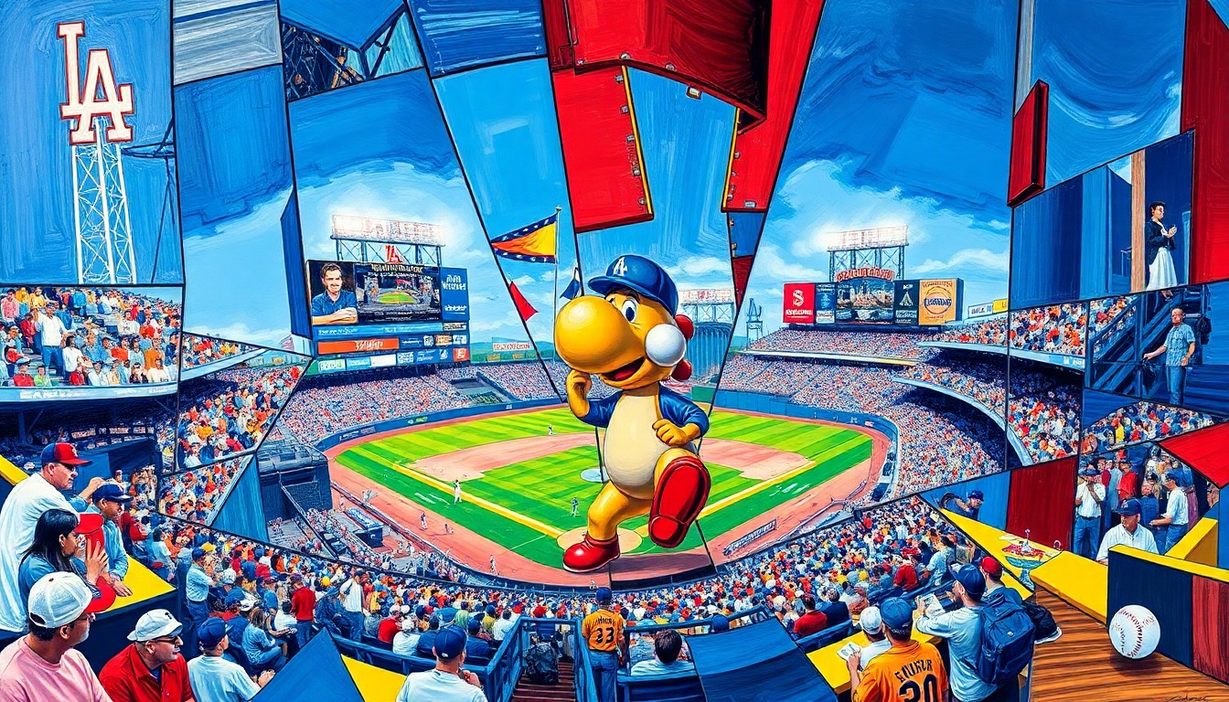 A cubist, geometric painting depicting a Dodgers baseball game and the Yoshi bobblehead promotion, with sharp, overlapping planes of vibrant blue, red, and yellow colors.