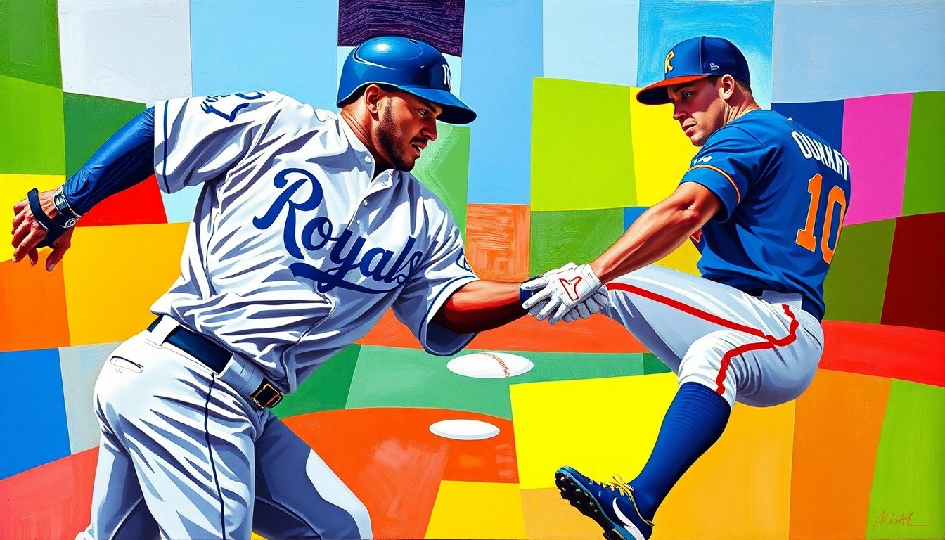 A cubist-style painting depicting a baseball double play, with the players and field broken down into sharp, overlapping geometric shapes in the Royals' and Guardians' team colors, conveying the dynamic and coordinated nature of the rare defensive play.