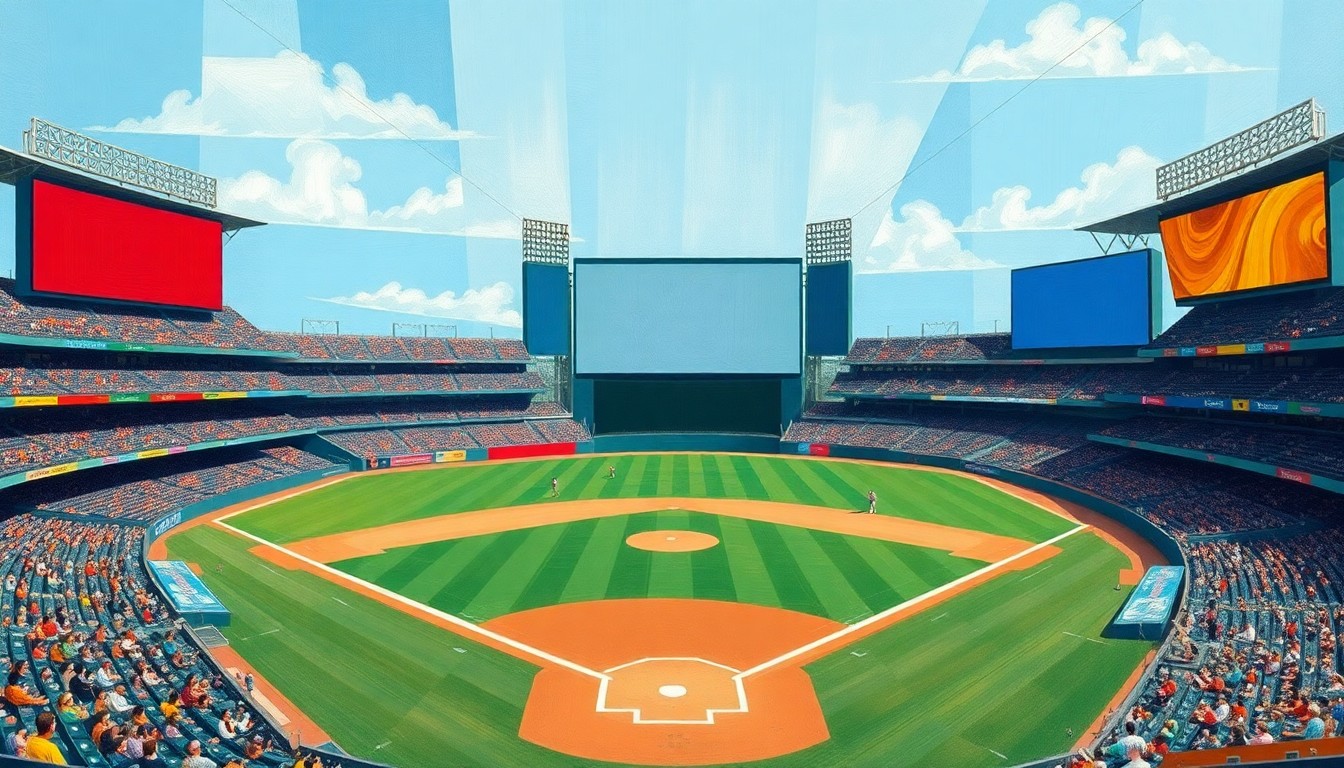 A fragmented, geometric painting depicting a baseball stadium field obscured by angular, overlapping shapes representing the new video boards, conveying how the technological additions have disrupted the traditional sightlines for fans.