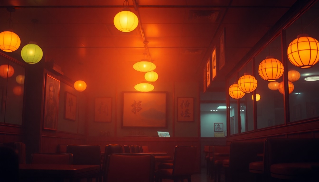 A dreamy, out-of-focus photograph of a Chinese restaurant interior, with warm pools of light and color creating a sense of nostalgia and fading memories.