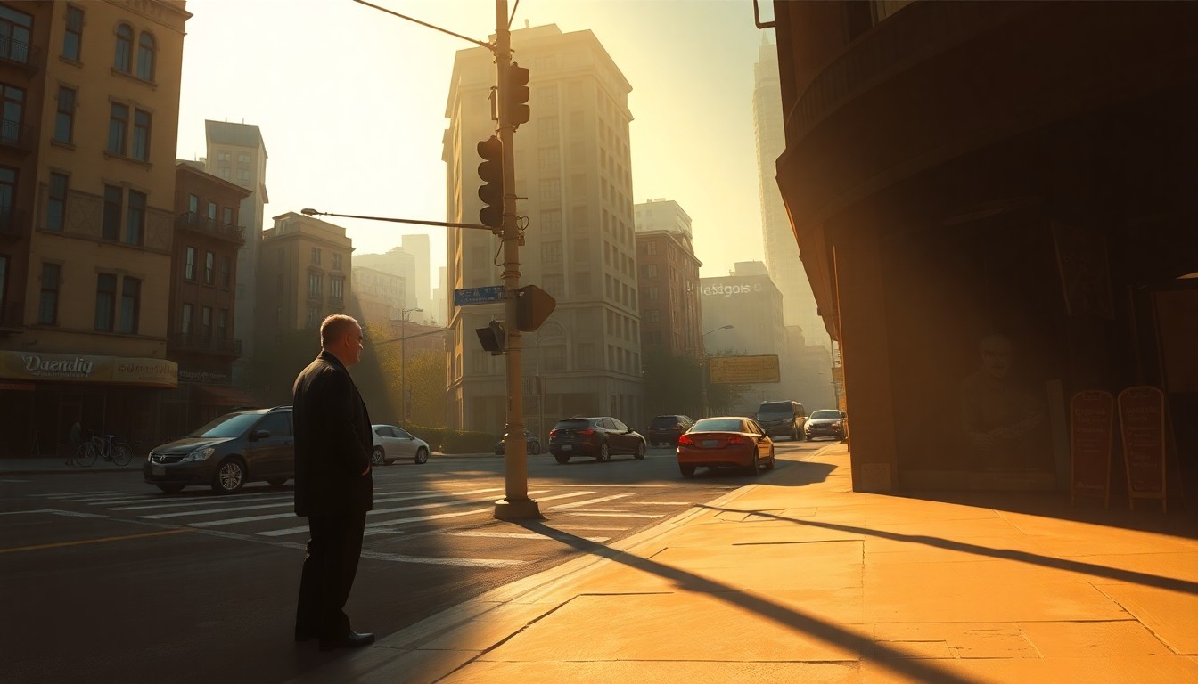 A serene, cinematic painting depicting the solitary figure of Mayor Zohran Mamdani standing on a New York City street corner, the warm light and deep shadows creating a contemplative mood that reflects the mixed progress of his early tenure.