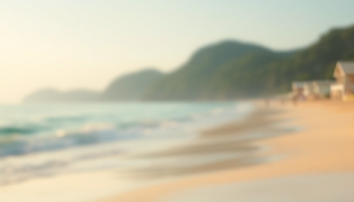 An abstract, out-of-focus beach scene with soft, warm light and hazy, dreamlike pools of color, conveying the bittersweet emotions of a family vacation cut short by tragedy.
