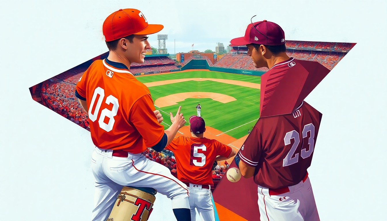 A cubist, geometric painting depicting a college baseball game, with sharp planes of orange and maroon colors representing the opposing teams' uniforms.