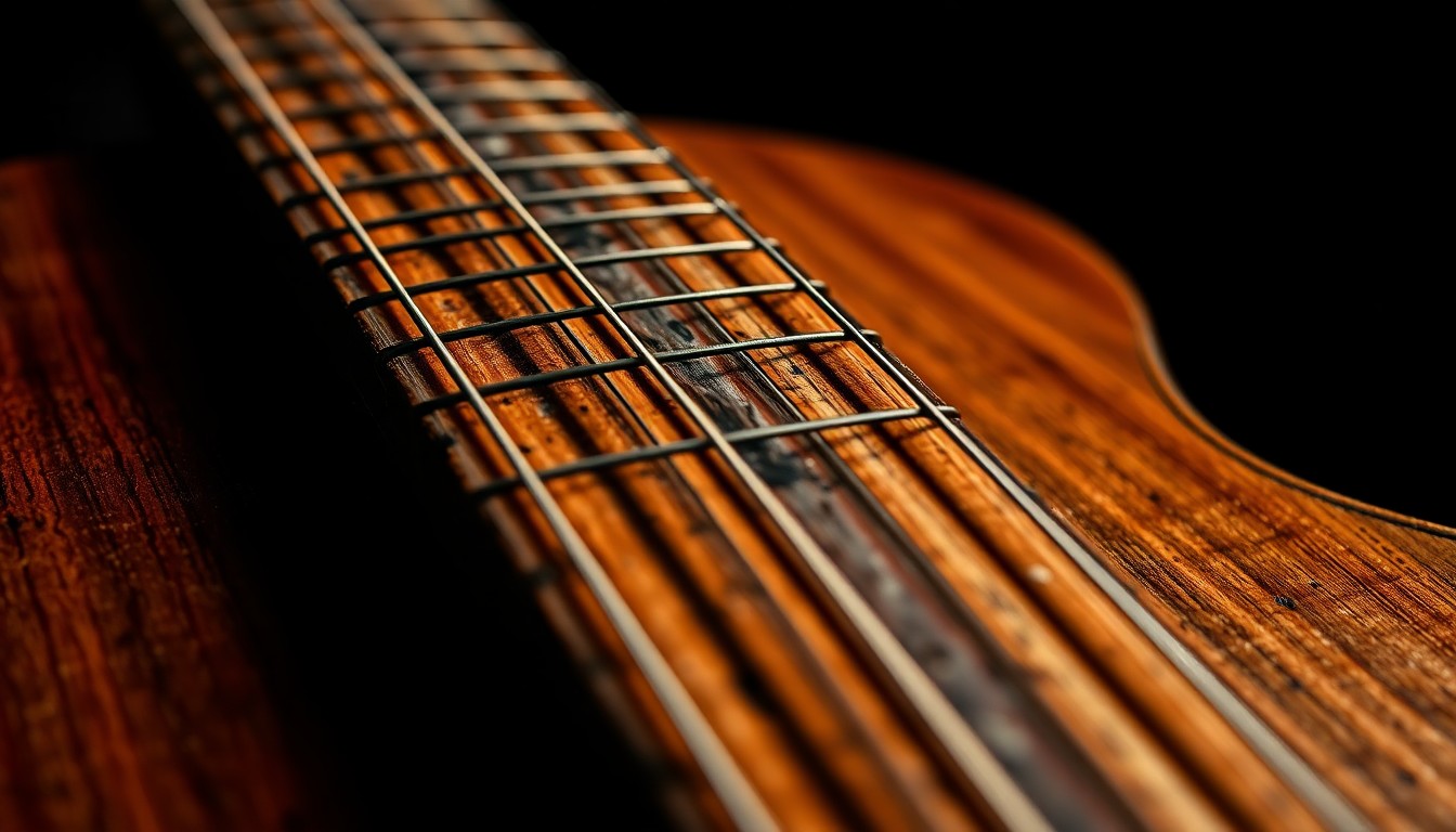 An extreme close-up photograph of a worn, weathered wooden guitar neck and fretboard, with the grain and texture of the wood filling the frame in dramatic high-contrast studio lighting, conceptually representing the timeless, handcrafted quality of traditional bluegrass instruments.