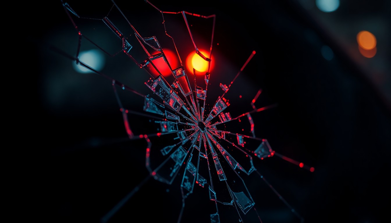 An extreme close-up of shattered glass reflecting a faint red light, conceptually representing the violent nature of the alleged crime against rappers.