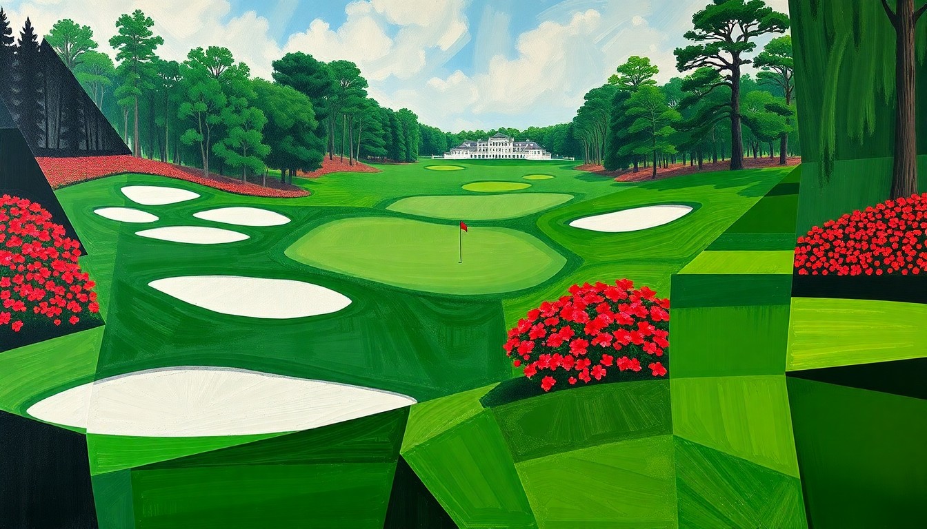 A cubist, geometric painting depicting the Masters golf tournament, with overlapping planes of green fairways, white bunkers, and red azaleas, conceptually representing the disruption to the event's ticket resale market.