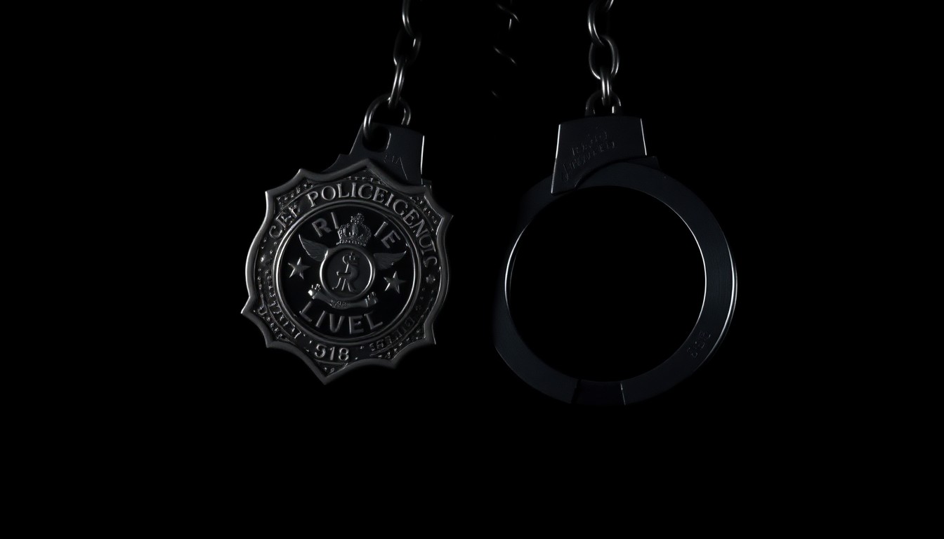 An extreme close-up of a police badge or handcuffs, reflecting a harsh, direct flash of light against a pitch-black background, conceptually illustrating the tension and volatility of confrontations between officers and the public.