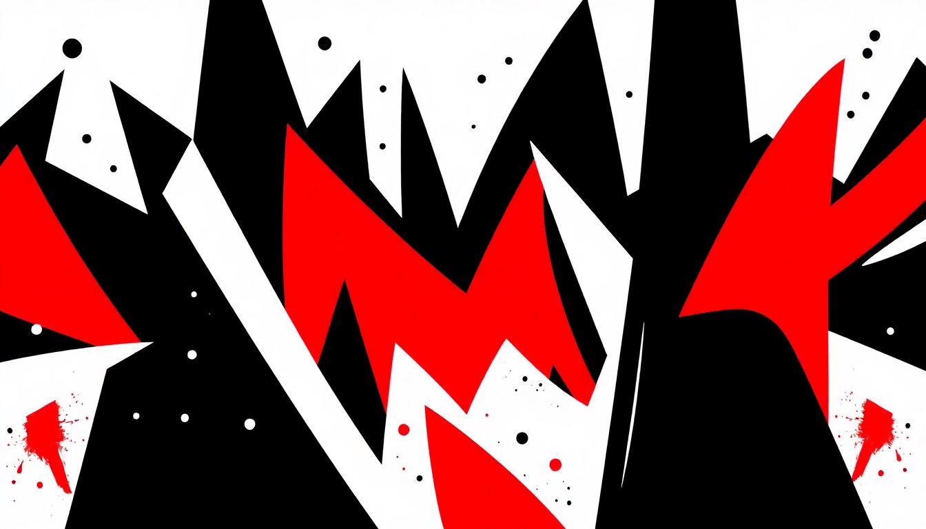 A striking, minimalist illustration featuring bold, geometric shapes in black, white, and red, conveying the lively energy and rhythm of a reggae music festival.